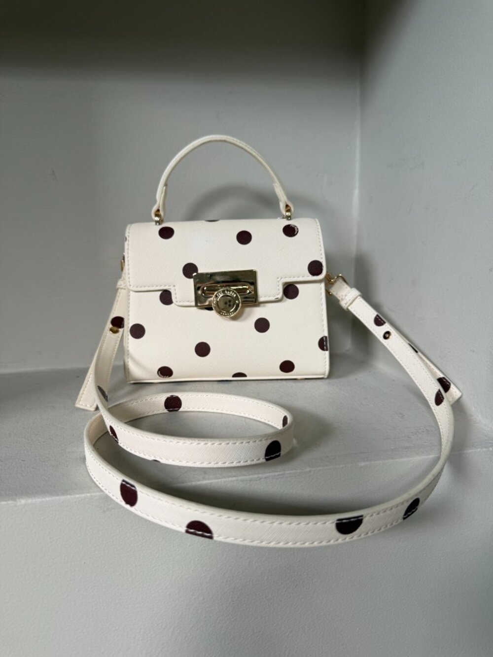 Ted Baker London Polka Dot Top Handle Crossbody Satchel Ivory Brown Bag NWT - Picture 2 of 14